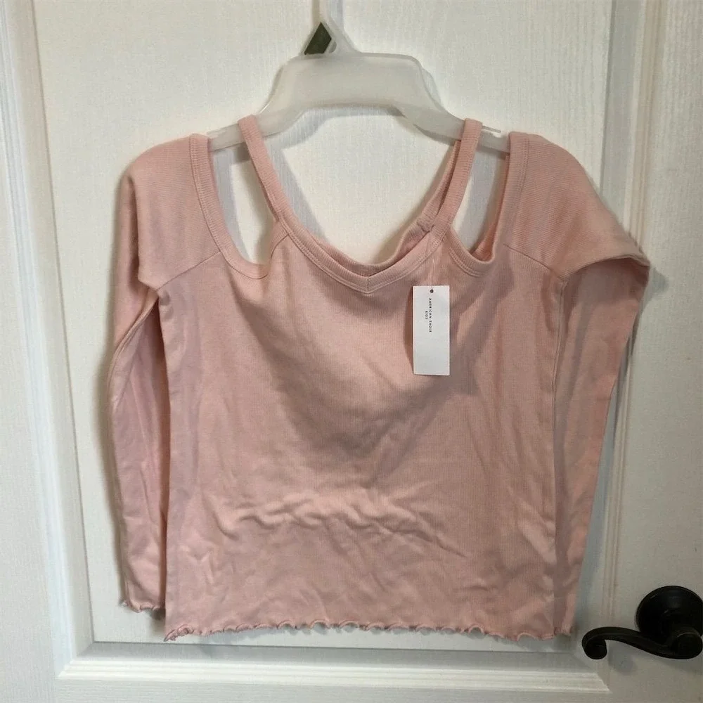 American Eagle Kids Pink Ribbed Cold Shoulder Lettuce Hem Top Size 16 13-14Y NWT